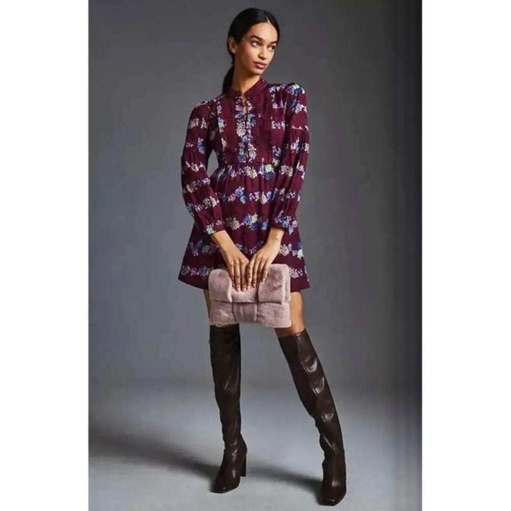 BY ANTHROPOLOGIE Mini Tunic Long Sleeve Dress Floral Lace Trims Purple X-Small - Picture 5 of 15